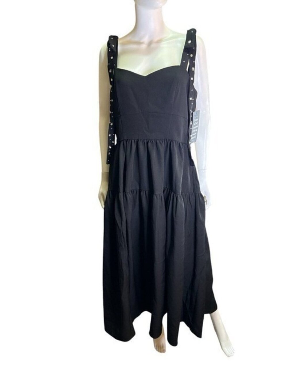 Tuckernuck Hyacinth House Black Rhinestone Tie-Shoulder Tiered Maxi Dress  L NWT